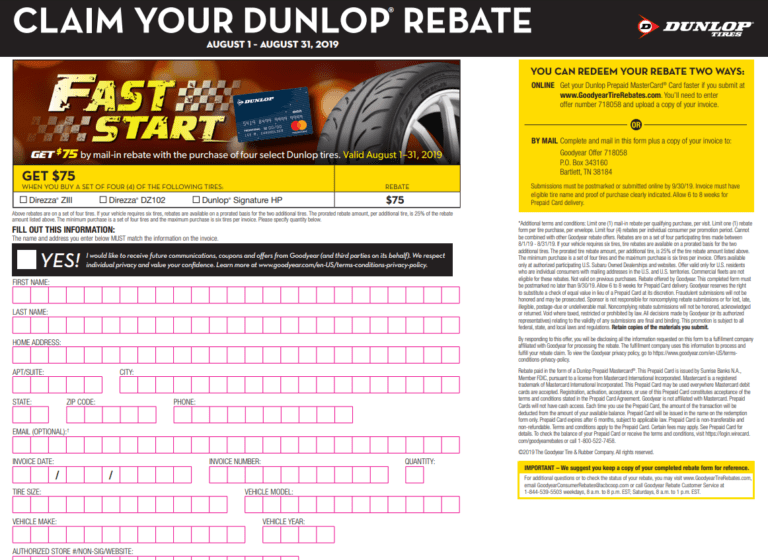 Dunlop Tire Rebate Status Printable Rebate Form